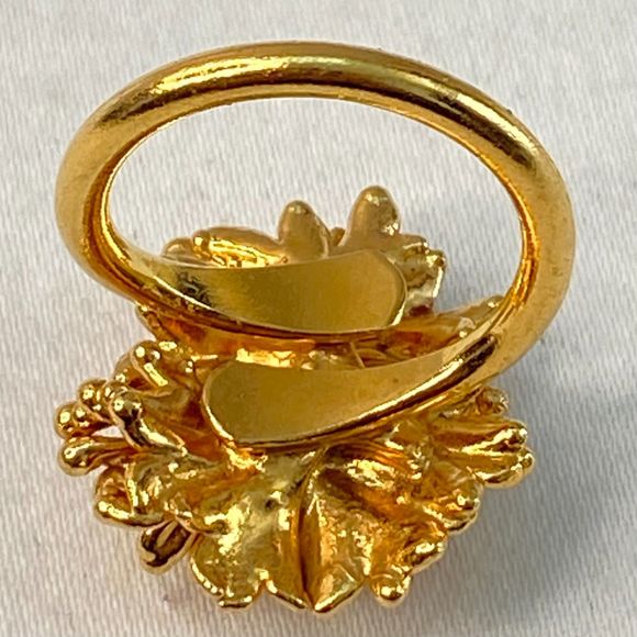 Gold Tone Brutalist Ring With Tiny Single Black Olive Stone Adjustable - Picture 8 of 9